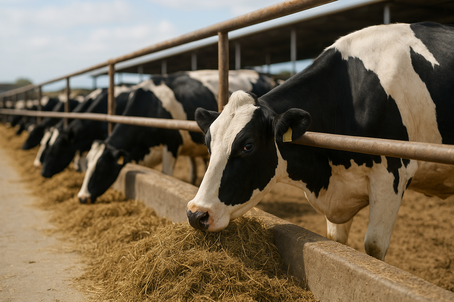 Lactating Holstein dairy cows at a clean concrete feed bunk consuming a freshly mixed total mixed ration of corn silage, alfalfa forage, and distillers grains in a modern well-ventilated free-stall barn