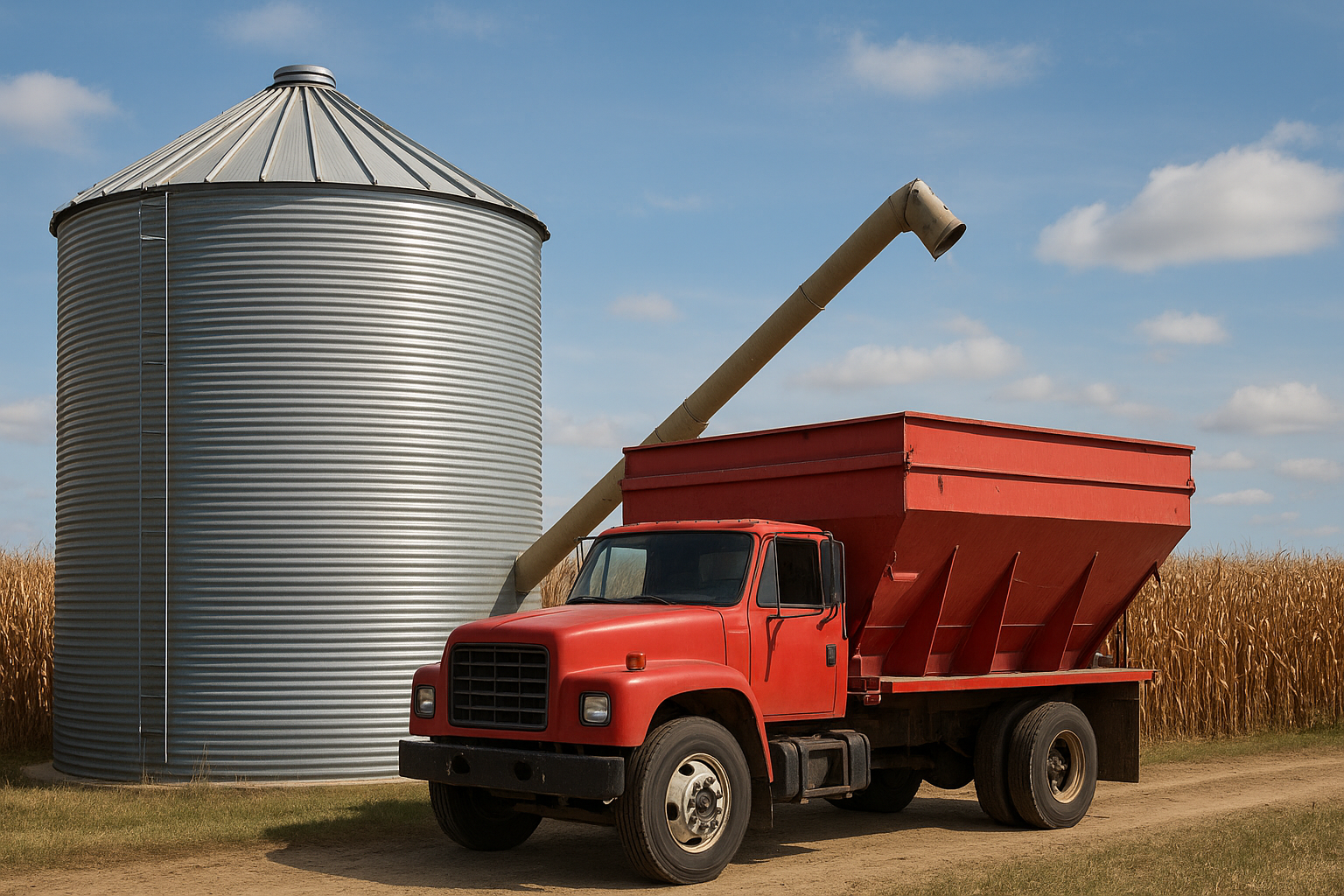 Modern Midwest commercial livestock feed manufacturing facility and mill with storage silos and feed delivery loading bay under autumn sunlight