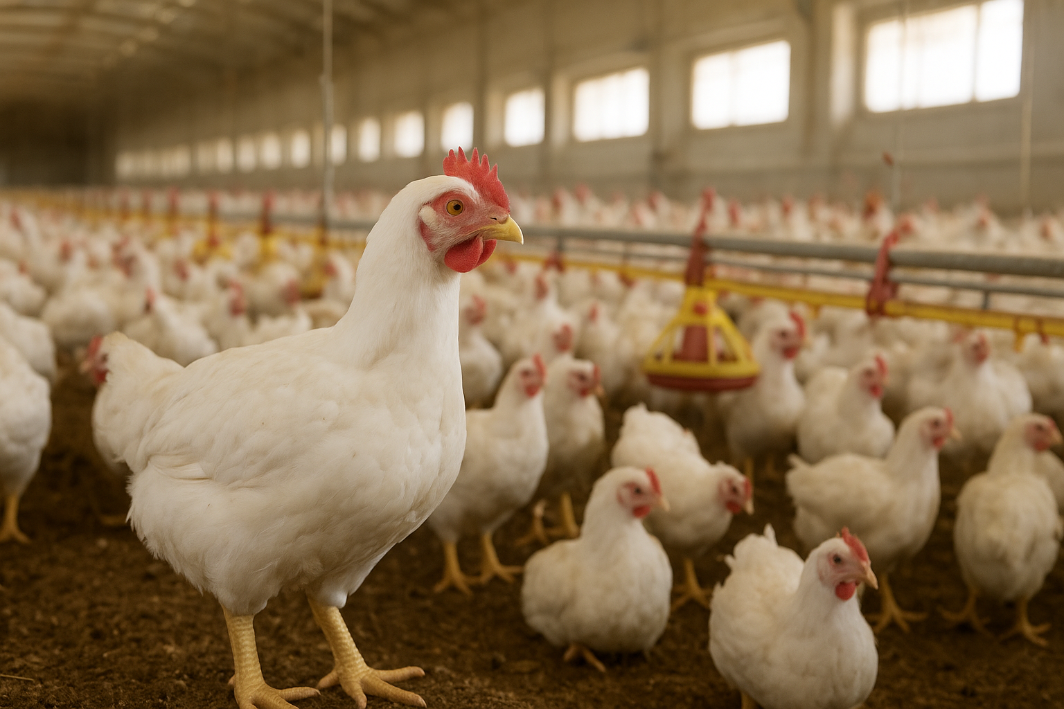 Modern commercial broiler poultry house in the United States with white broilers feeding along automated circular feed pan lines and suspended watering systems on fresh wood shavings