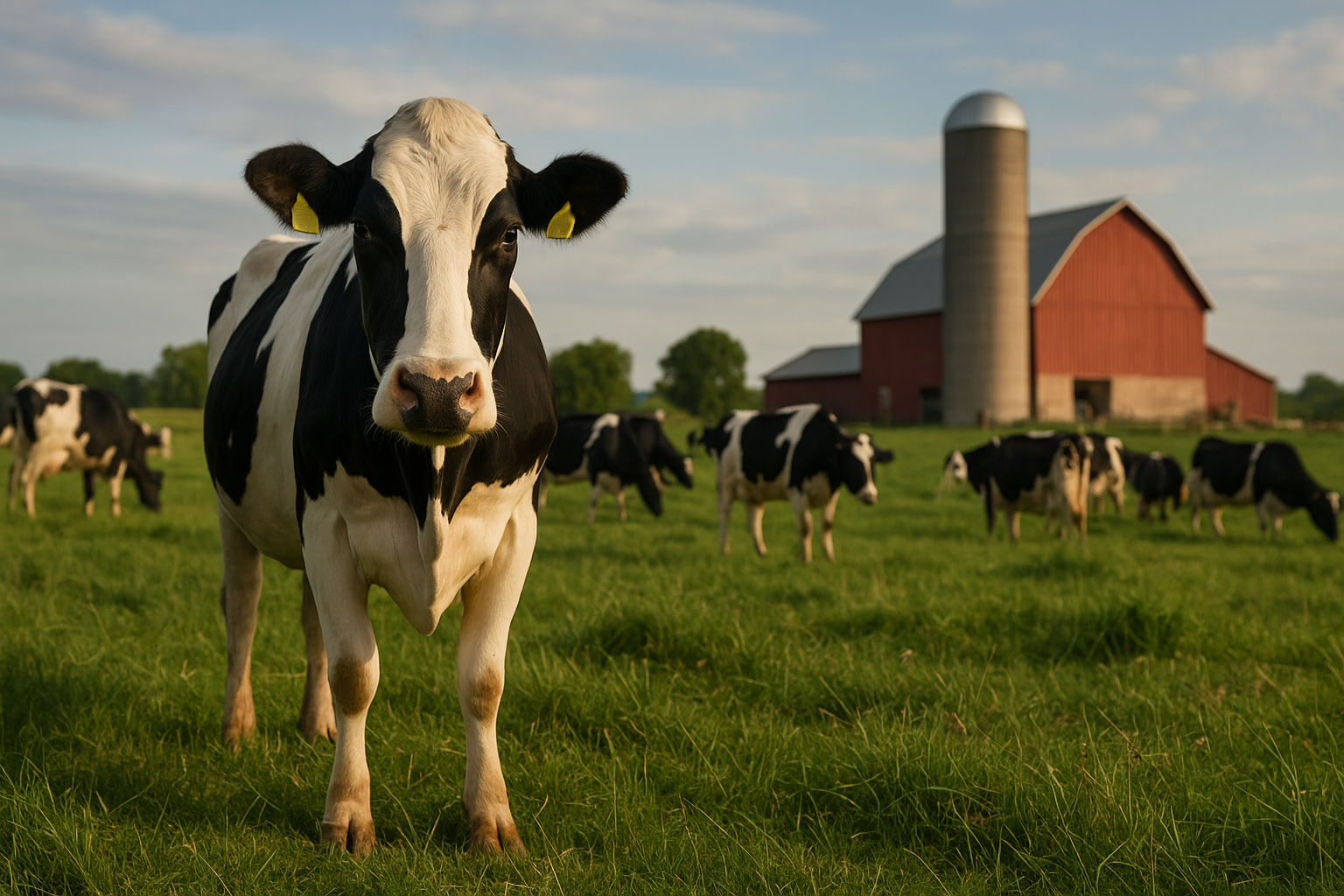 High-producing Holstein dairy cows feeding on fresh Total Mixed Ration along a clean concrete feed bunk inside a modern commercial freestall barn
