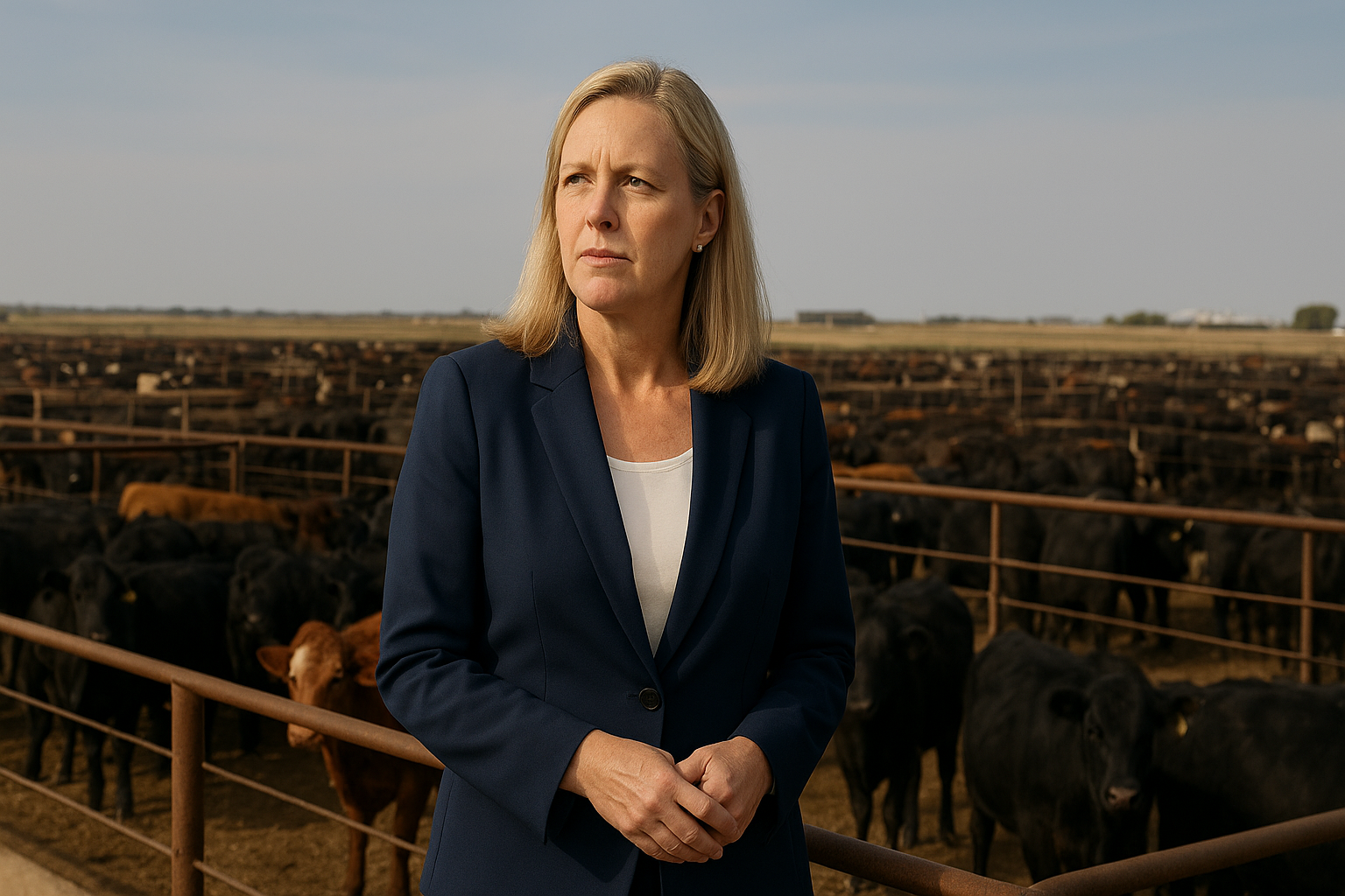 Commercial beef cattle feeding along concrete feed bunks in a modern open-air Southern Plains feedyard with commodity storage sheds and feed mixer truck under bright midday sunlight