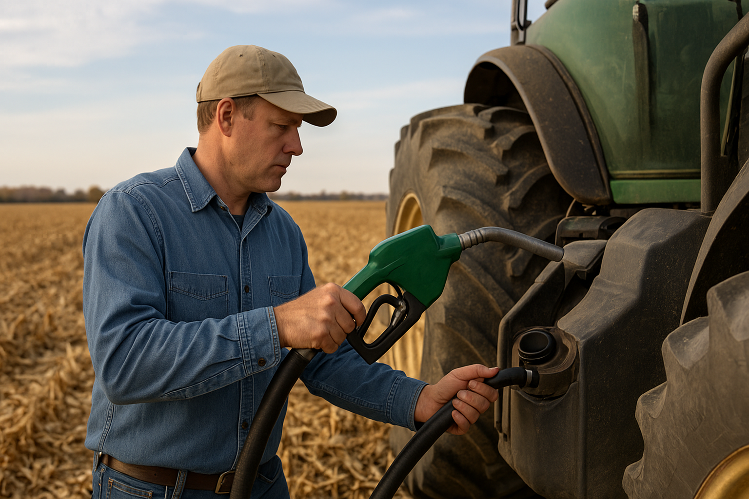 Modern combine harvester unloading golden corn into a grain cart beside an agricultural fuel service truck during autumn harvest