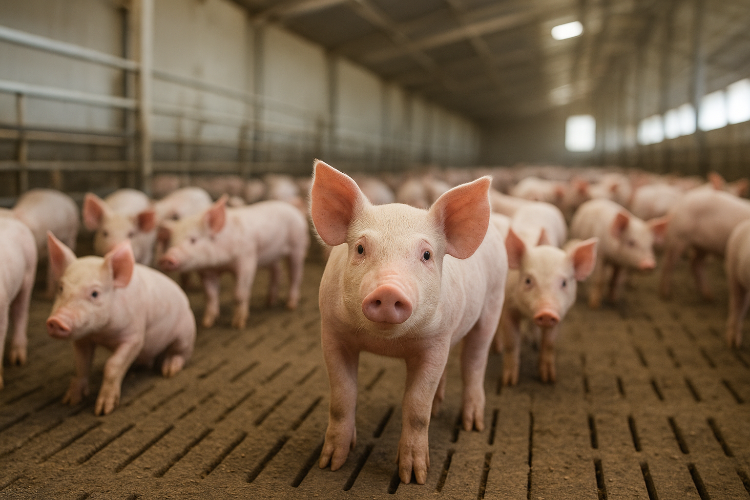 Commercial weaner pigs feeding on high-nutrition starter rations at stainless steel troughs in a modern biosecure swine facility