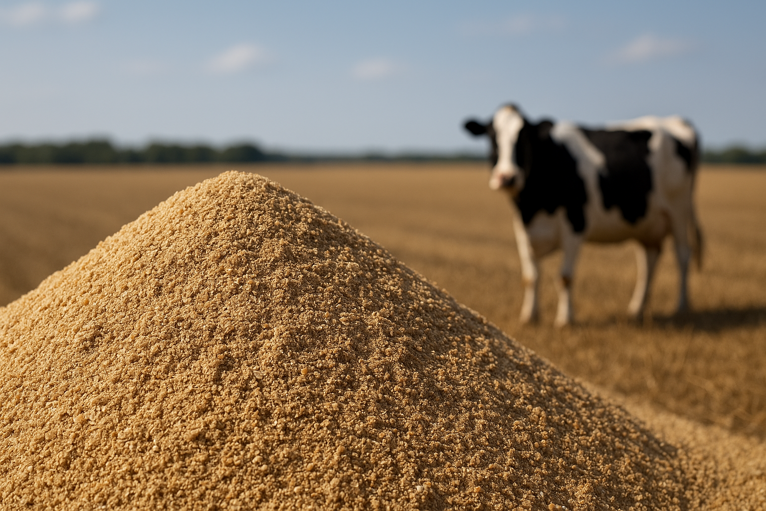 Quality technician sampling golden-tan wheat middlings in a commercial animal feed manufacturing facility